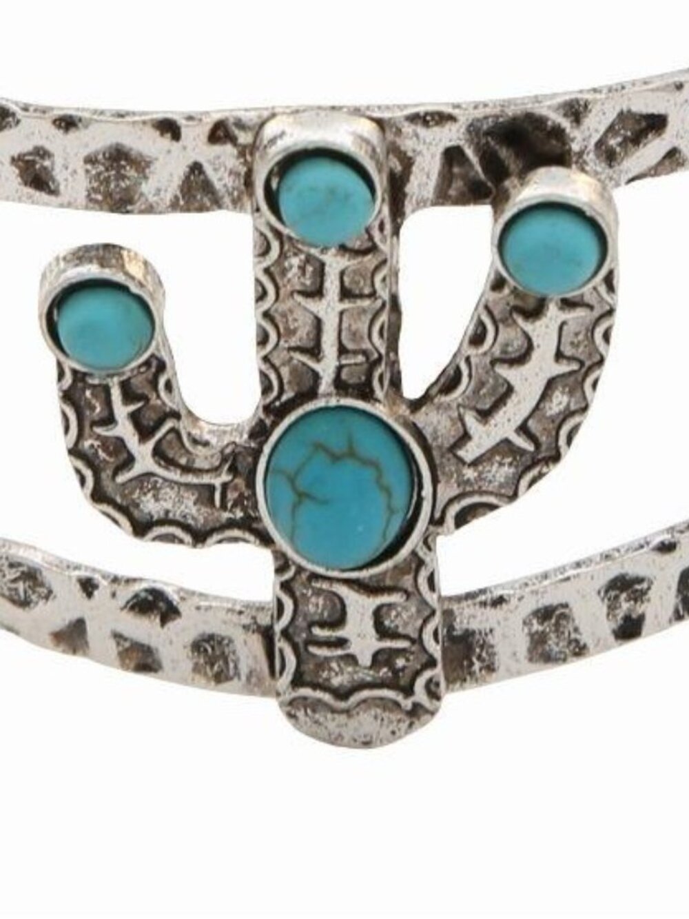 J10 Western Turquoise Center Cactus Hammered Cuff Bracelet Silver Tone  NEW - Picture 2 of 2